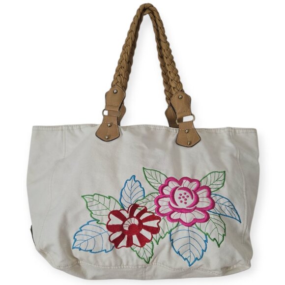 XOXO White Canvas Floral Embroidery Faux Leather Tote Bag - Picture 1 of 12